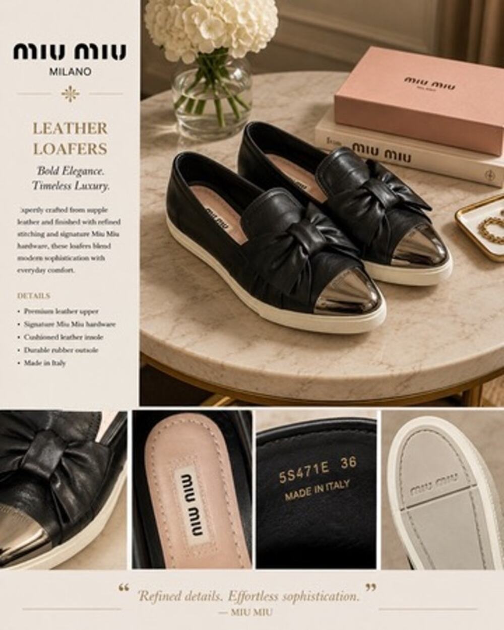 KB083 Miu Miu Knot Bow Size 36 Black Leather and Metal Cap Toe Slip On Sneakers